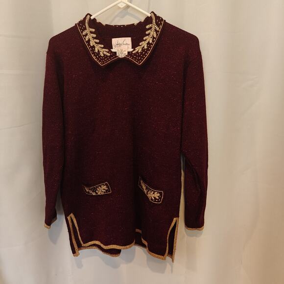 Jaclyn Smith Sweater Women S Burgundy Embroidered Gold Trim Holiday Christmas - Picture 5 of 9